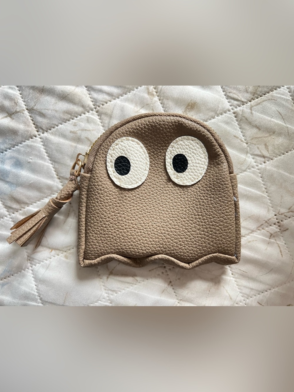 Pac-Man Ghost Inspired Coin Purse Keychain Taupe Faux Leather Zip Wallet
